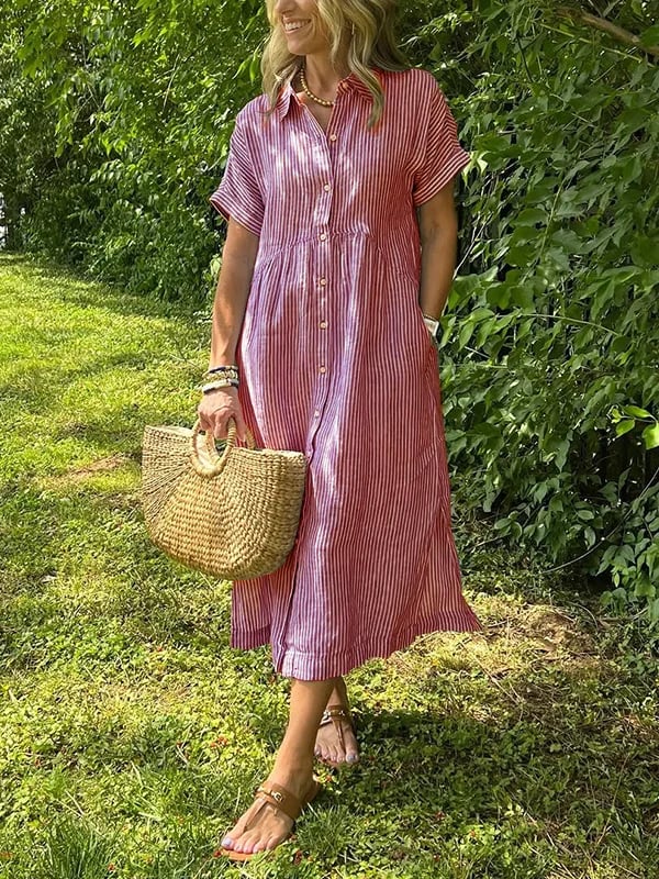 Olive - Striped Button Shirt Dress