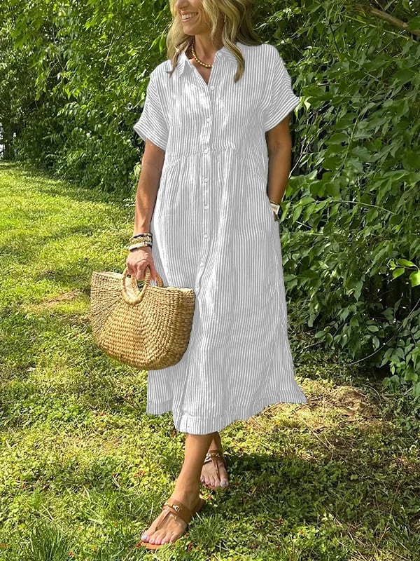 Olive - Striped Button Shirt Dress