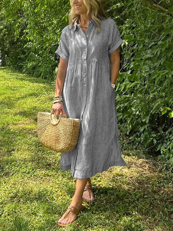 Olive - Striped Button Shirt Dress