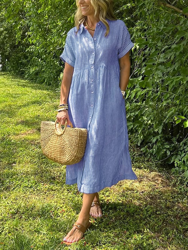 Olive - Striped Button Shirt Dress