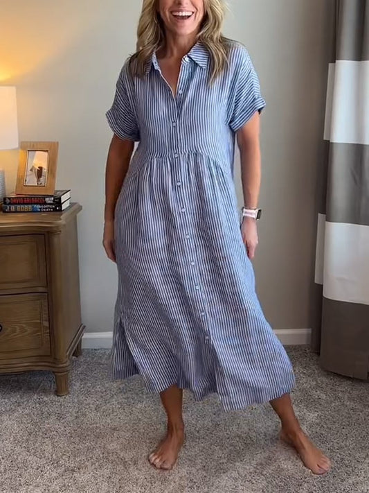 Olive - Striped Button Shirt Dress