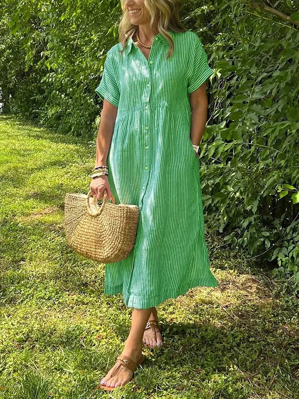 Olive - Striped Button Shirt Dress